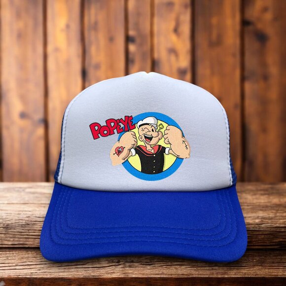 Popeye Sailor Mens Trucker Hat Blue Snapback Vintage Comic Strip Ball Cap - Picture 1 of 4
